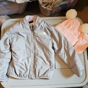 The North Face Gray Jacket SIZE 18/24M and Pink Knit Hat Set SIZE 2T/4T